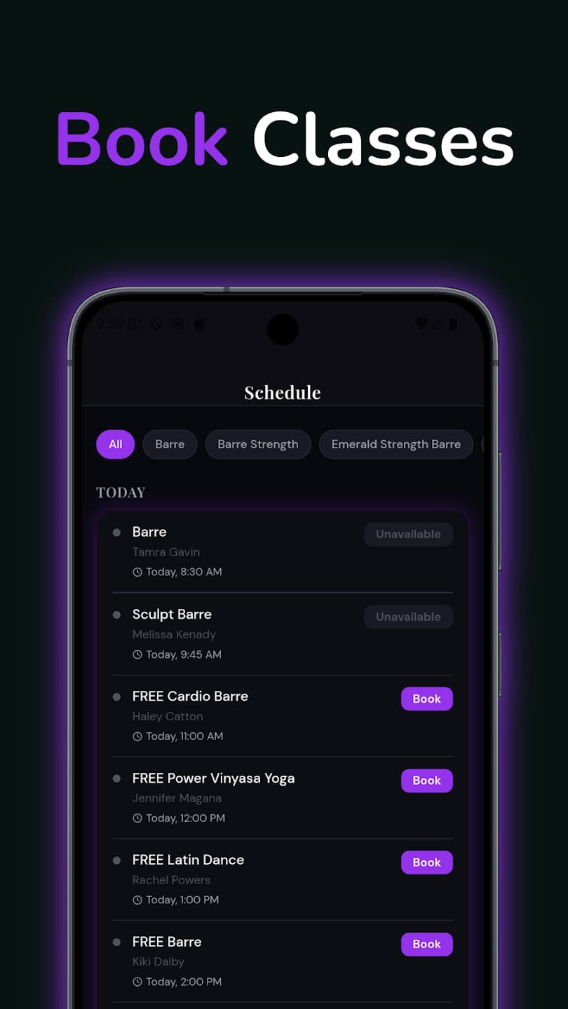 Pulse Fitness custom Mindbody app — class booking schedule listing Barre, yoga, and strength classes with Book buttons