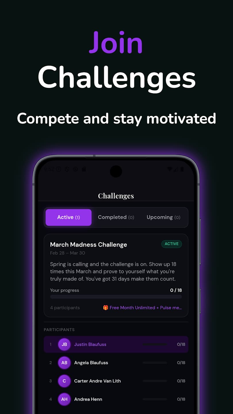 Pulse Fitness app — studio attendance challenges with a live participant leaderboard